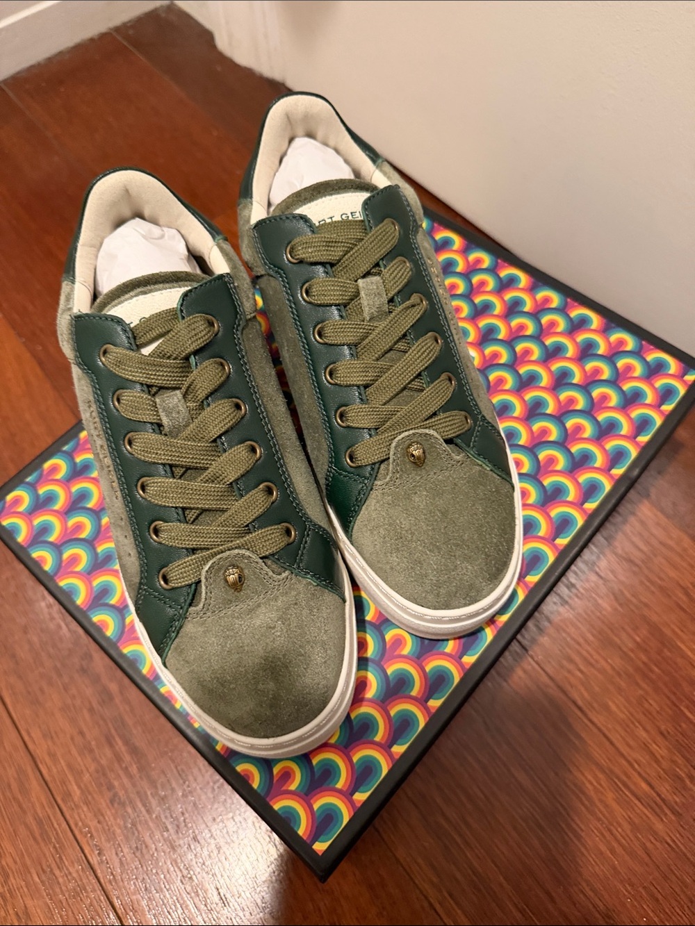 Kurt Geiger Olive Green Suede & Leather-Trim Low-Top Sneakers